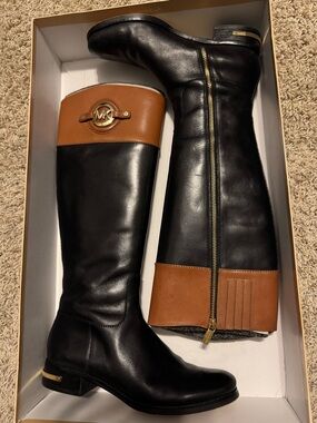 Michael Kors Stockard Two-Toned Black and Tan (“Luggage”) Calfskin Leather Boots